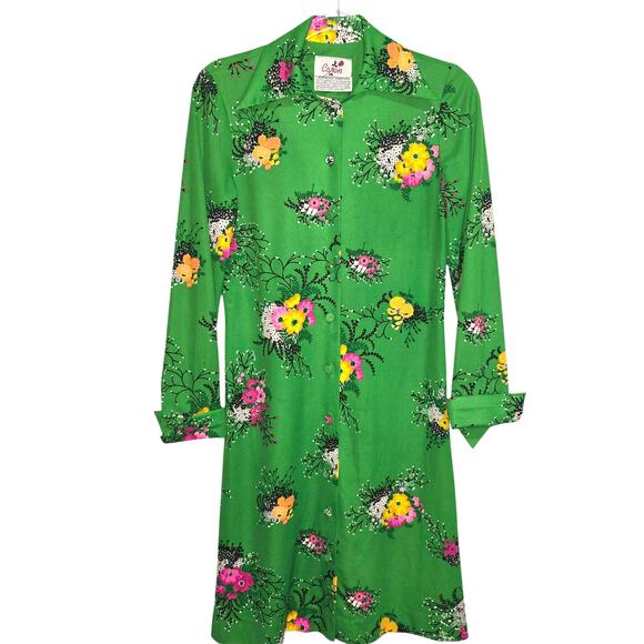Vintage 70's Caron Shirt Dress Green Floral Print Dagger Collar Knee Length SEE - Picture 1 of 7
